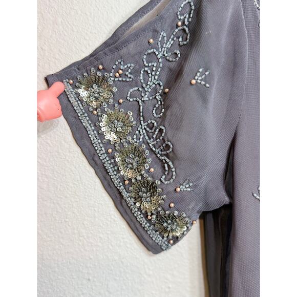 Sundance beaded tunic sheer gray short split sleeves beaded neck cuffs hem Sz S - Picture 3 of 11